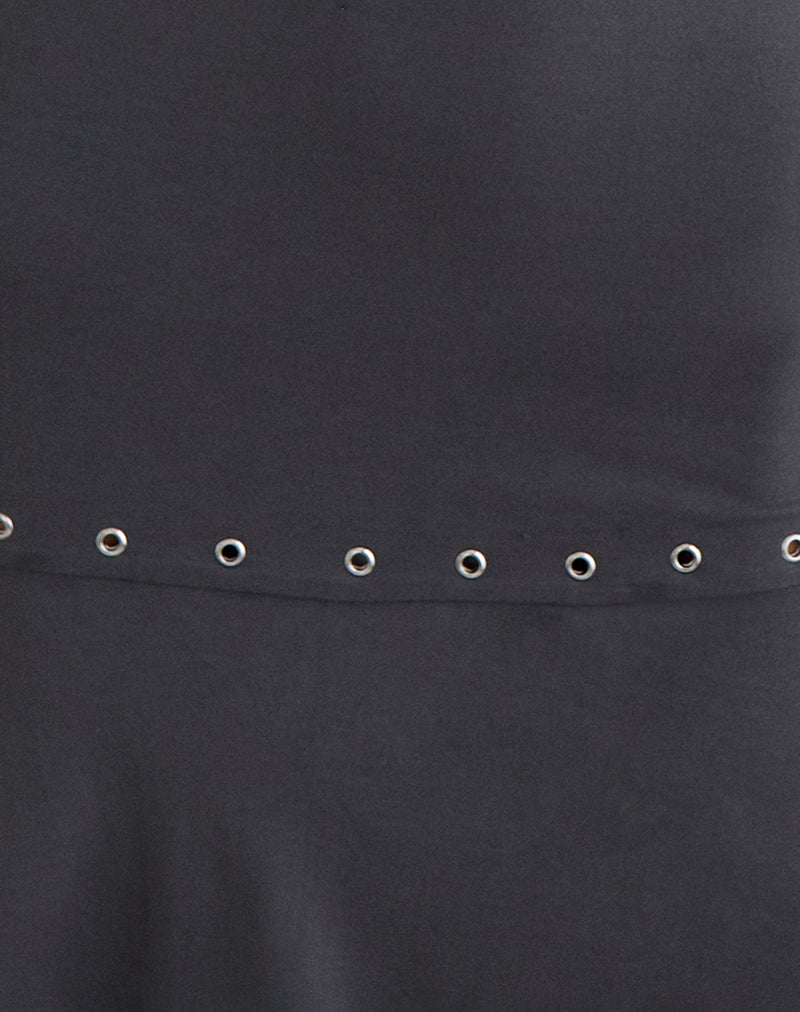 Image of Nakime Halter Mini Dress with Eyelets in Jersey Charcoal Grey
