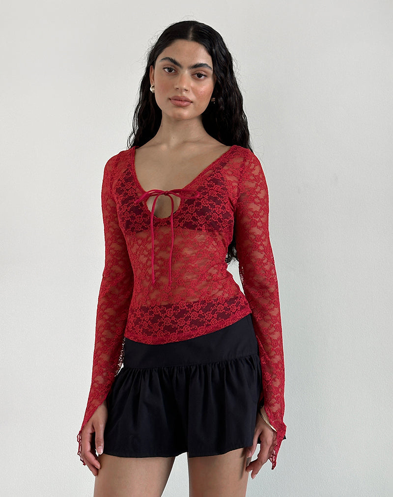Image of Natasha Tie Front Top in Mari Lace Red