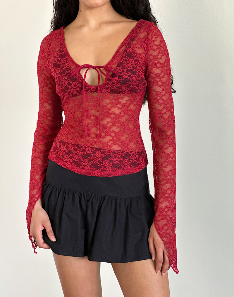 Image of Natasha Tie Front Top in Mari Lace Red