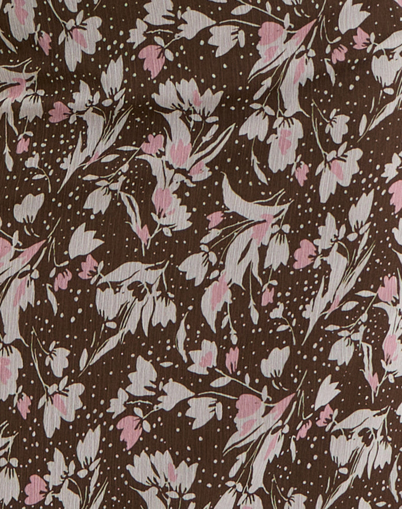 Image of Nimas Midi Skirt in Brown and Pink Polka Flower Chiffon