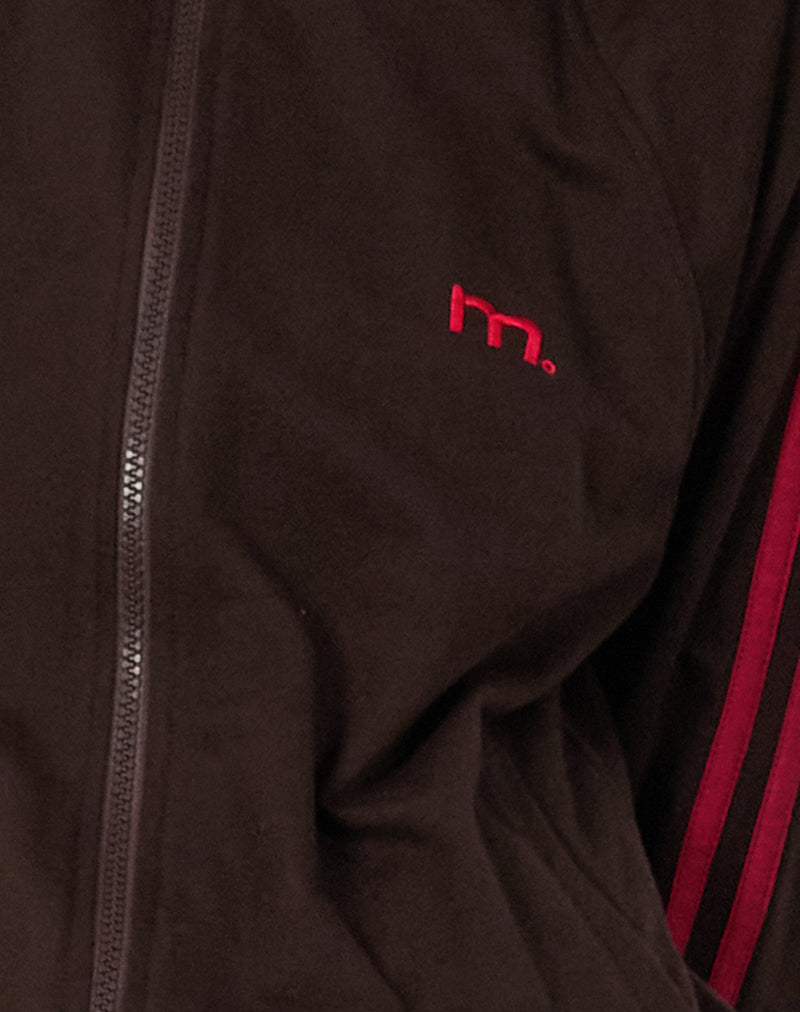 Image of Niskala Jacket in Bitter Chocolate with Adrenaline Red Binding and Embroidery