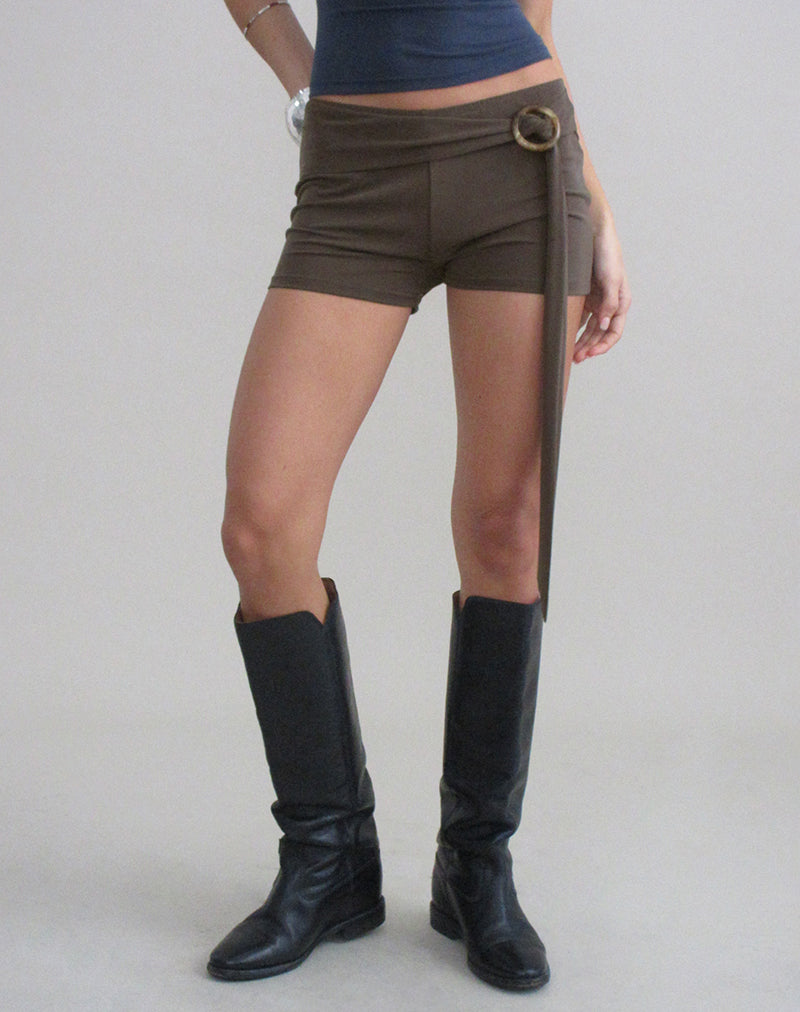 Image of Nivaya Micro Short with Wrap Belt in Cupro Dark Brown
