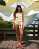 Image of Shava Swim Short in Pale Yellow with Vintage Bloom Print and Tie Belt