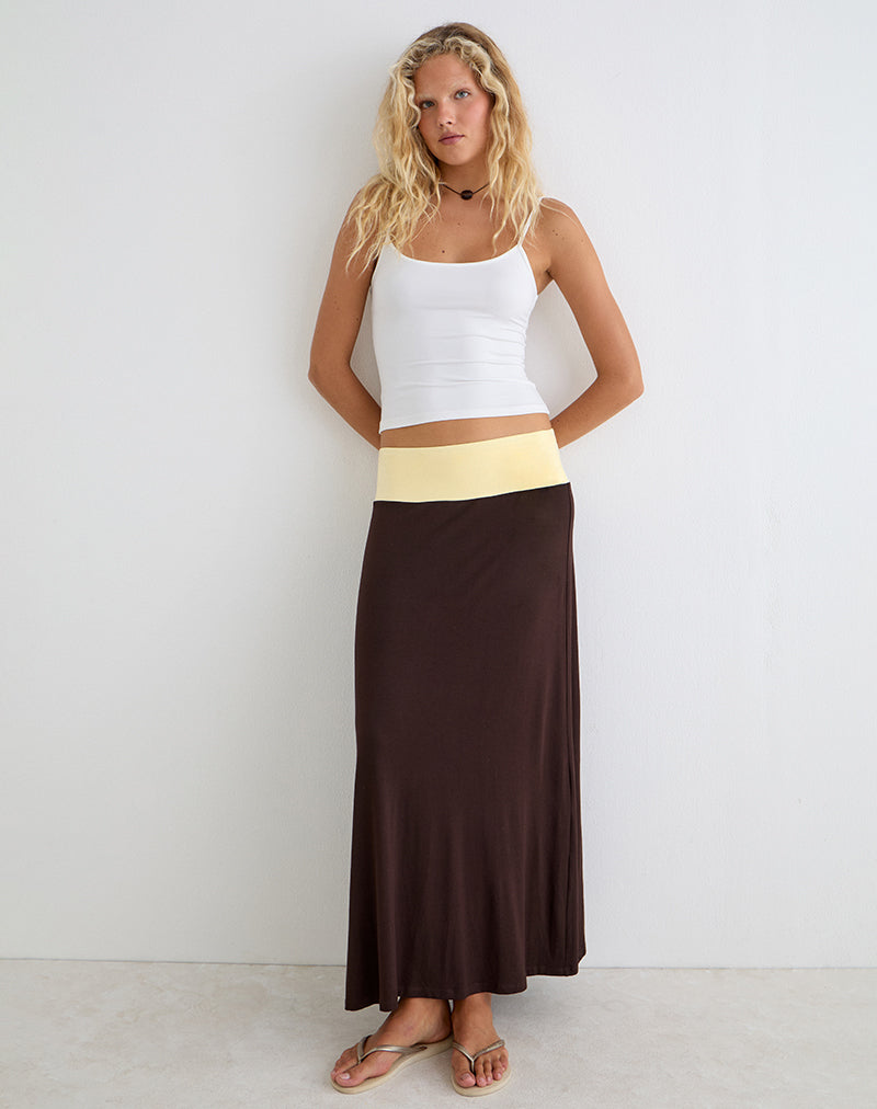 Image of Olie Maxi Skirt in Rayon Jersey Bitter Chocolate and Lemon Yellow
