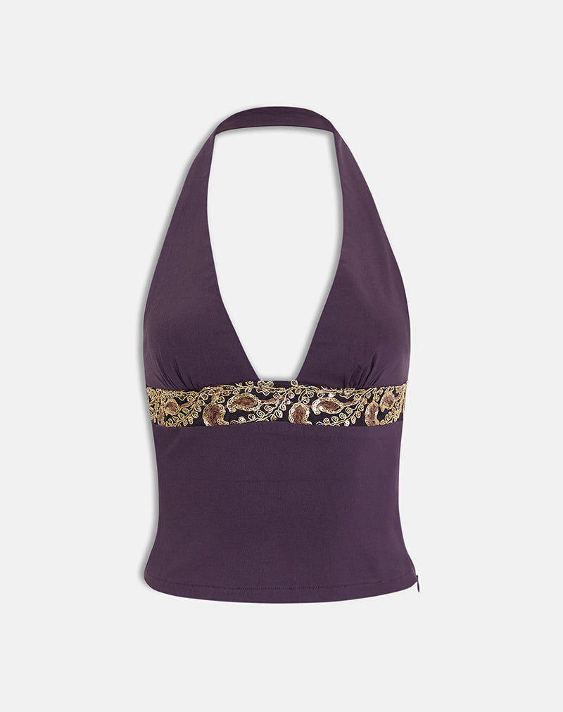 Image of Orvio Halter Top in Deep Purple with Embroidered Sequin Trim