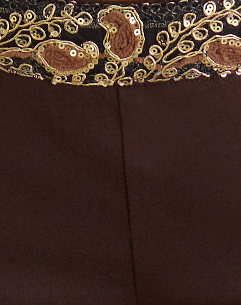 Image of Belvani Mini Short in Brown with Embroidered Sequin Trim