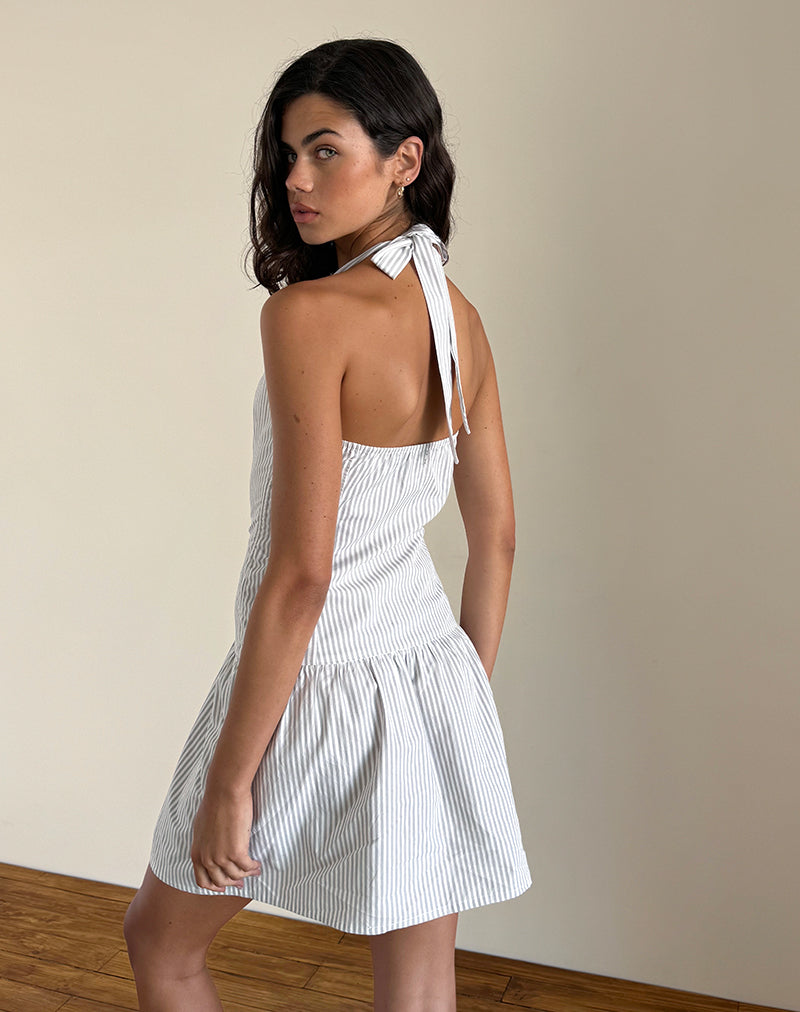 Image of Panja Mini Halter Dress in Small Stripe Vertical Grey