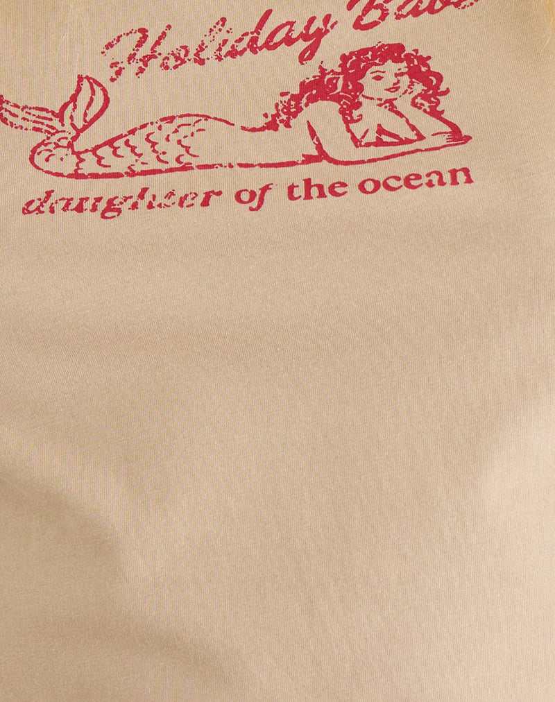 Image of Parman Top in Tan with Red Binding and Mermaid Graphic