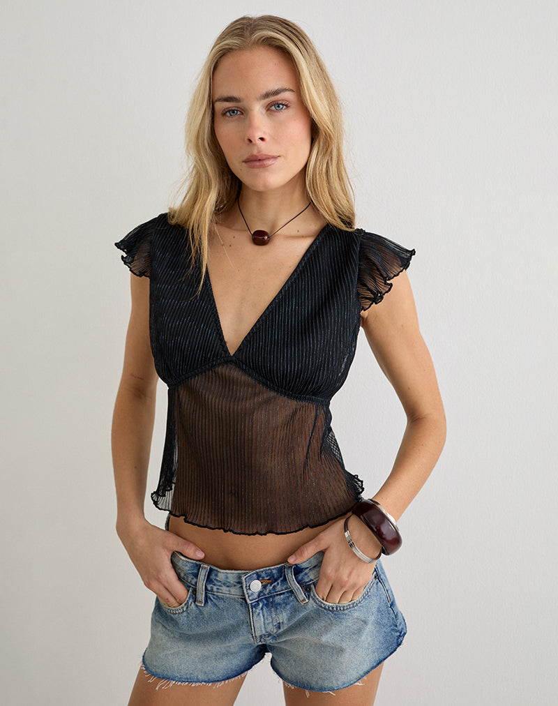 Image of Pharita V Neck Top in Plisse Black
