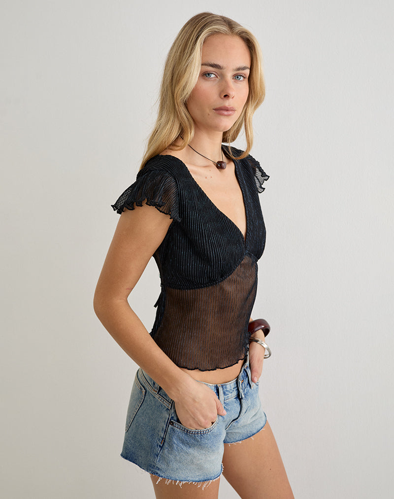 Image of Pharita V Neck Top in Plisse Black