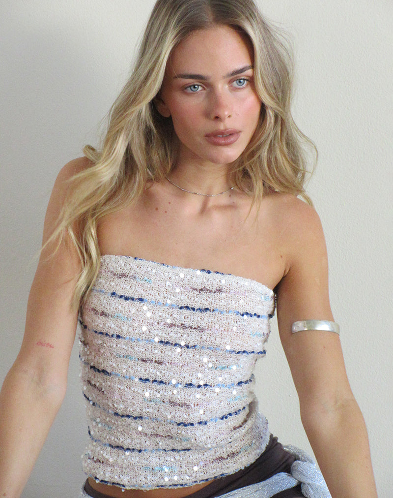 Image of Prana Bandeau Top in Knit Sequin Cream Blue