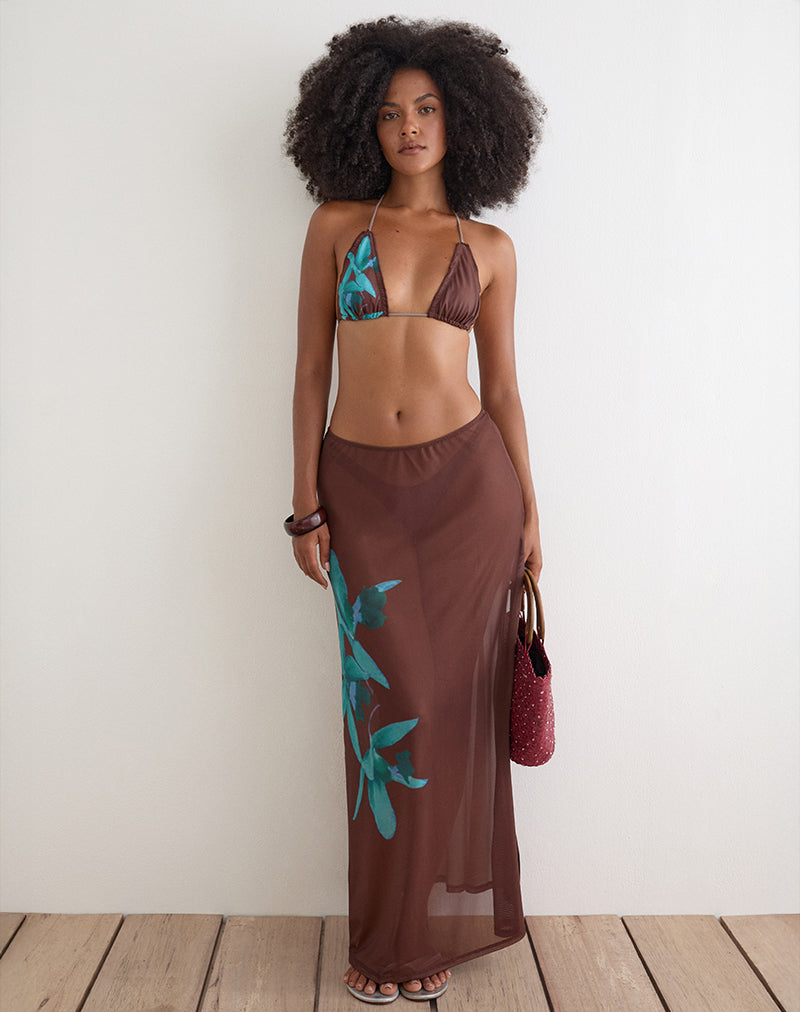 Image of Dartina Maxi Slip Skirt in Brown with Blue Desert Rose