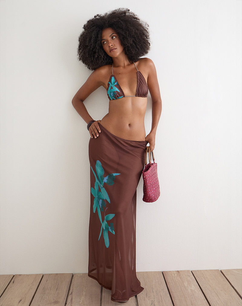 Image of Dartina Maxi Slip Skirt in Brown with Blue Desert Rose