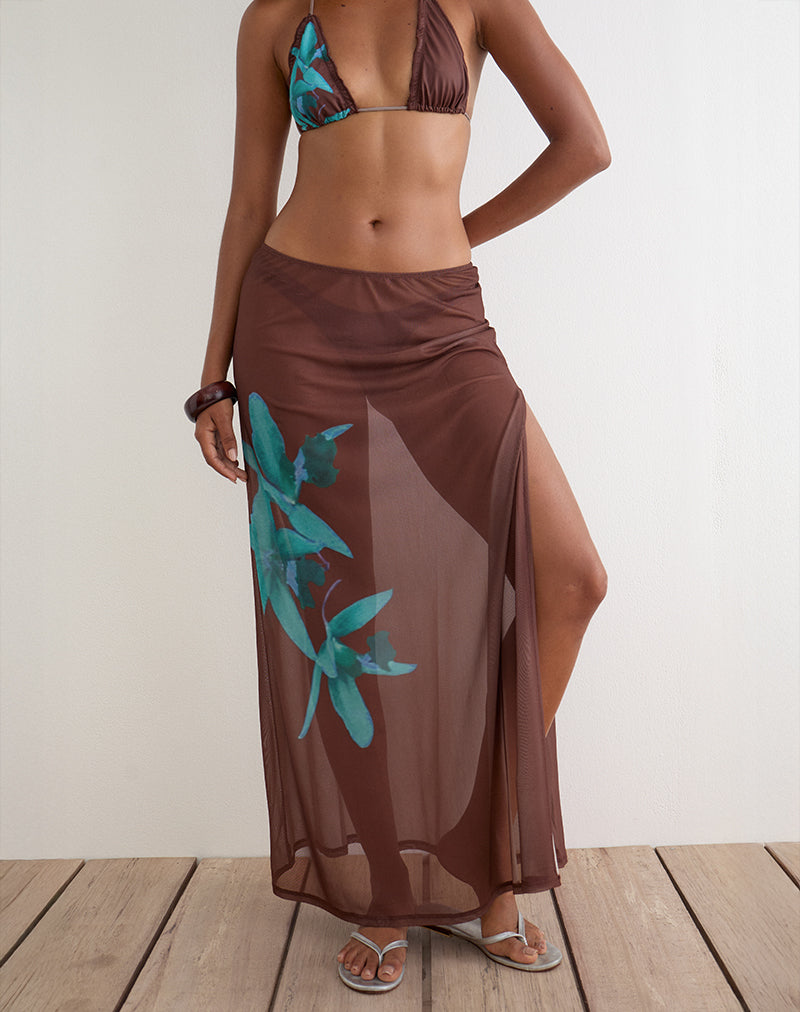 Image of Dartina Maxi Slip Skirt in Brown with Blue Desert Rose