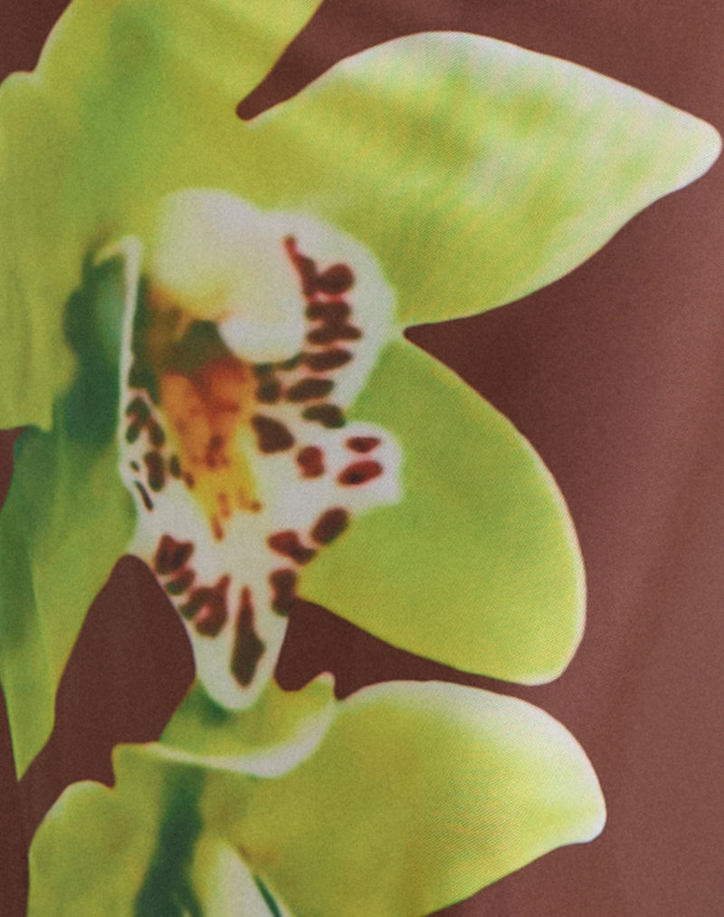 Image of Dartina Maxi Slip Skirt in Brown with Green Dendrobium Flower