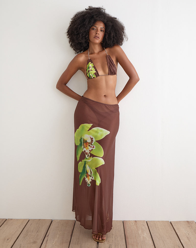 Image of Dartina Maxi Slip Skirt in Brown with Green Dendrobium Flower