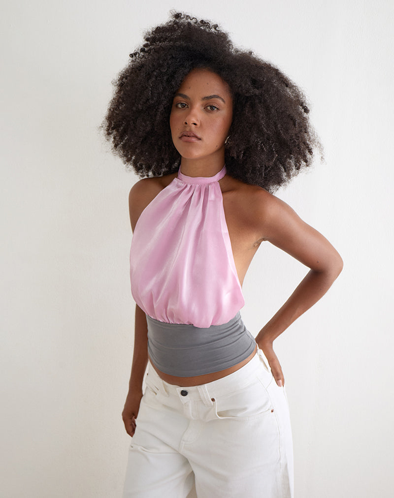 Image of Rania Backless Top in Satin Organza Pink with Grey Contrast
