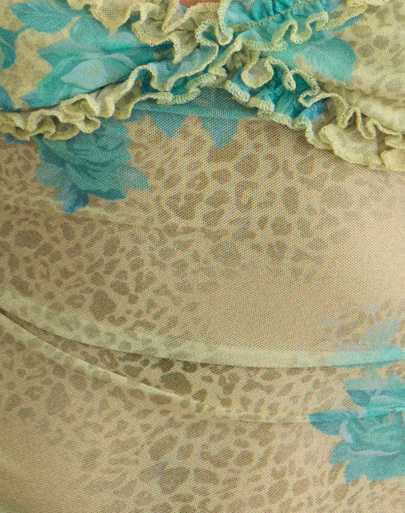 Image of Ranita Ruffle Trim Cami Top in Green Blurred Jungle with Turquoise Rose