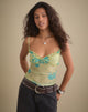 Image of Ranita Ruffle Trim Cami Top in Green Blurred Jungle with Turquoise Rose