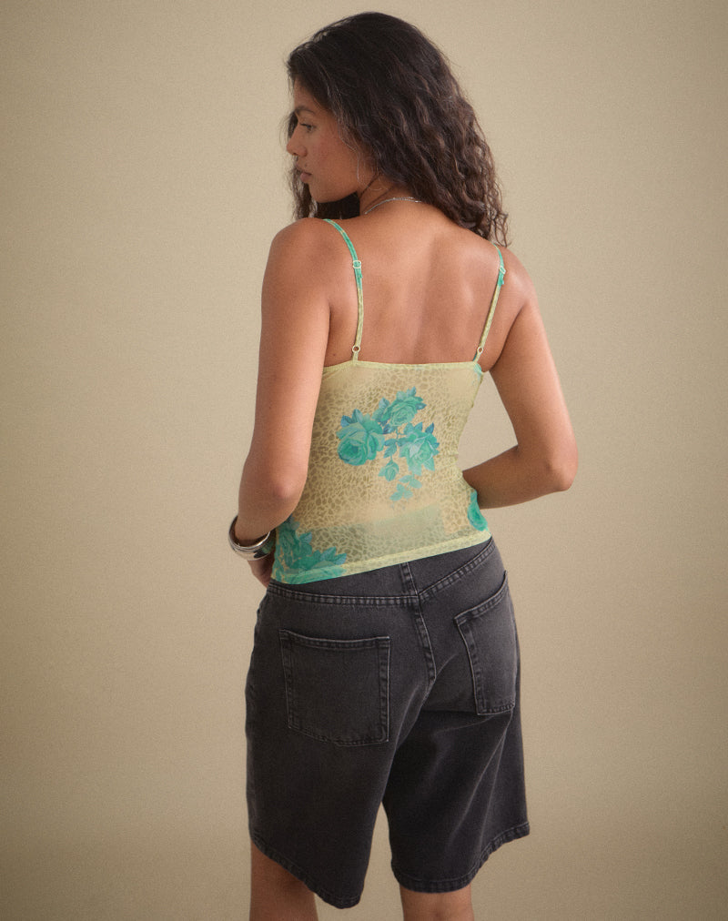 Image of Ranita Ruffle Trim Cami Top in Green Blurred Jungle with Turquoise Rose