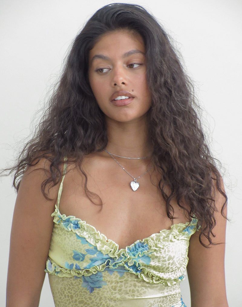 Image of Ranita Ruffle Trim Cami Top in Green Blurred Jungle with Turquoise Rose