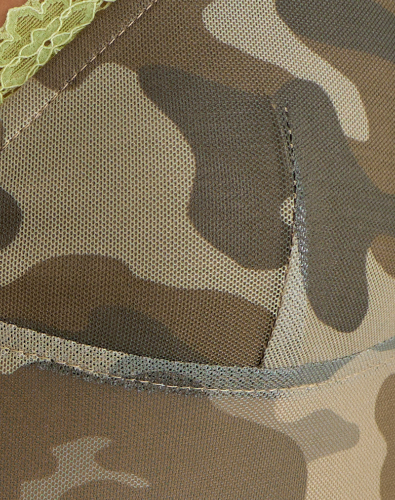 Image of Rasani Cami Top in Mesh Neutral Camo Green with Lace Trim