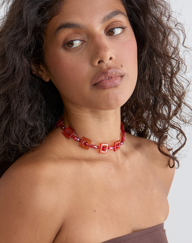 Image of Red and Pink Square Beaded Necklace