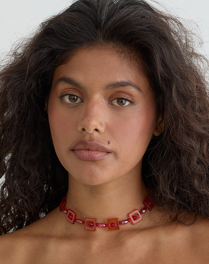Image of Red and Pink Square Beaded Necklace