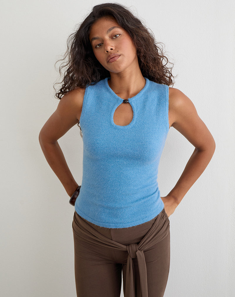 Image of Reita Keyhole Top with Bead in Knit Blue