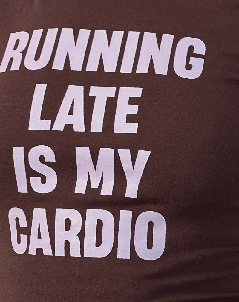 Image of Rinea Tee Top in Bitter Chocolate with Violet Binding and Running Late Slogan