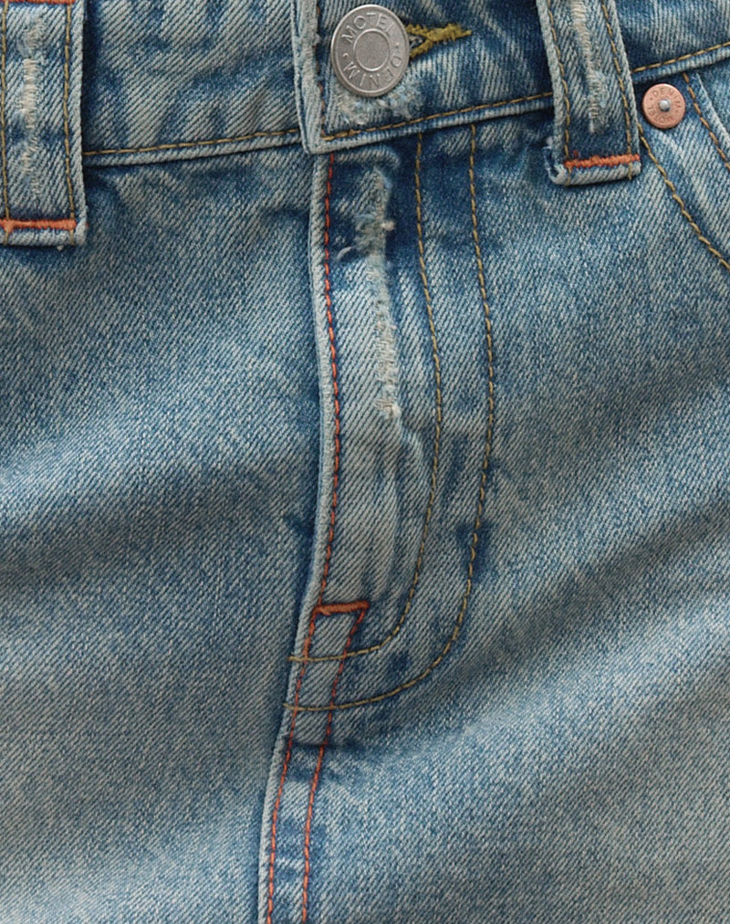 Image of Ripped Raw Hem Denim Mini Skirt in True Blue