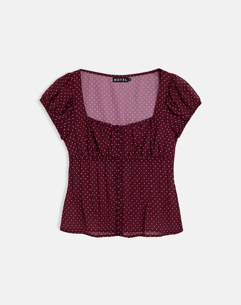 Image of Rolina Blouse in Chiffon Mini Polka Burgundy