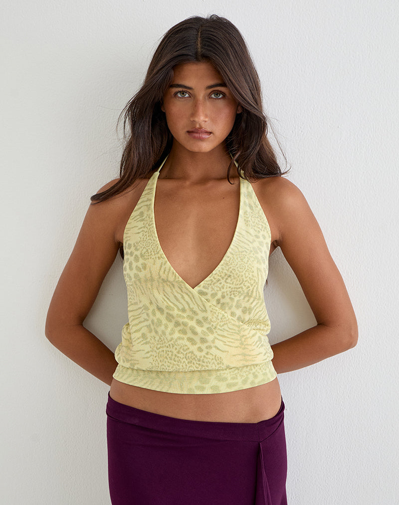 Image of Sadara Drape Halter Top in Green Leopard
