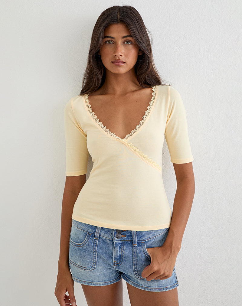 Image of Sajiwa V Neck Top in Buttermilk with Lace Trim