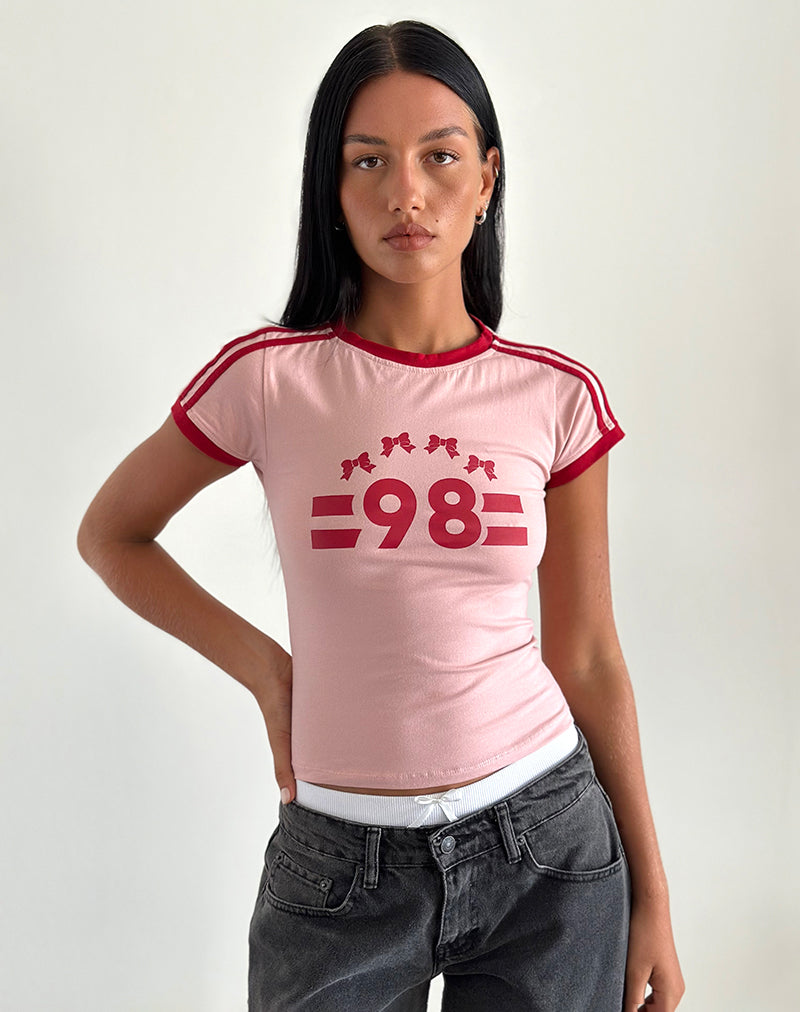 Image of Salda Tee in Pink Lady with Adrenaline Red Binding and '98' Emb