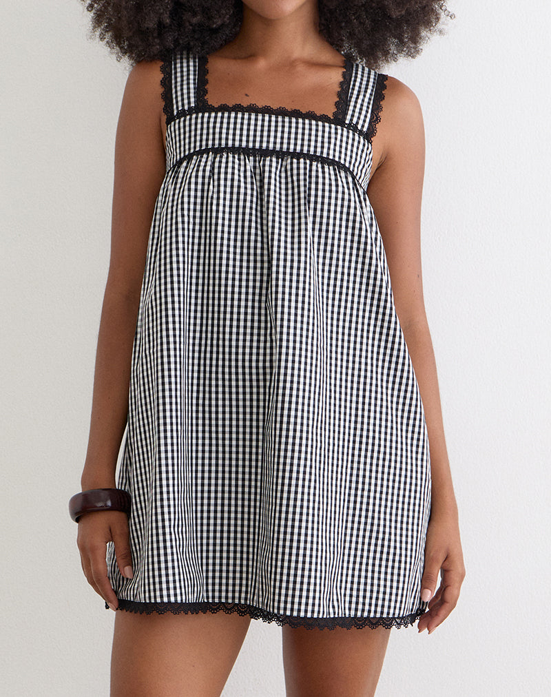 Image of Sandat Smock Mini Dress in Mini Gingham Grey