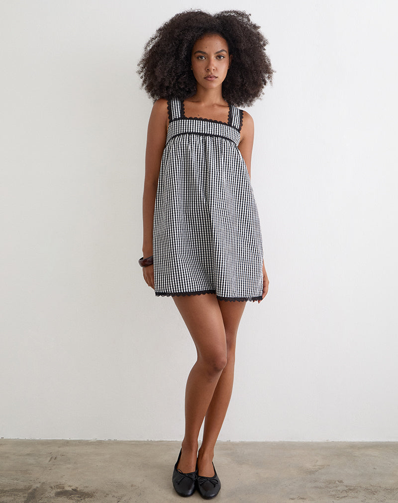 Image of Sandat Smock Mini Dress in Mini Gingham Grey