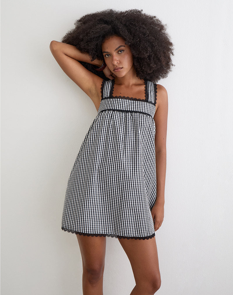 Image of Sandat Smock Mini Dress in Mini Gingham Grey