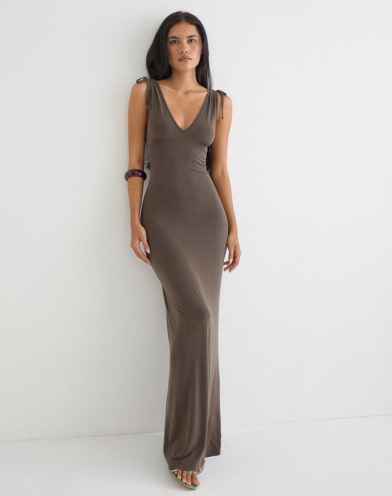 Image of Sanyu Plunge Maxi Dress in Cupro Dark Brown