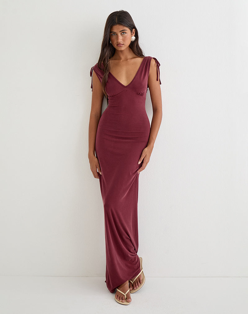 Image of Sanyu Plunge Maxi Dress in Cupro Burgundy