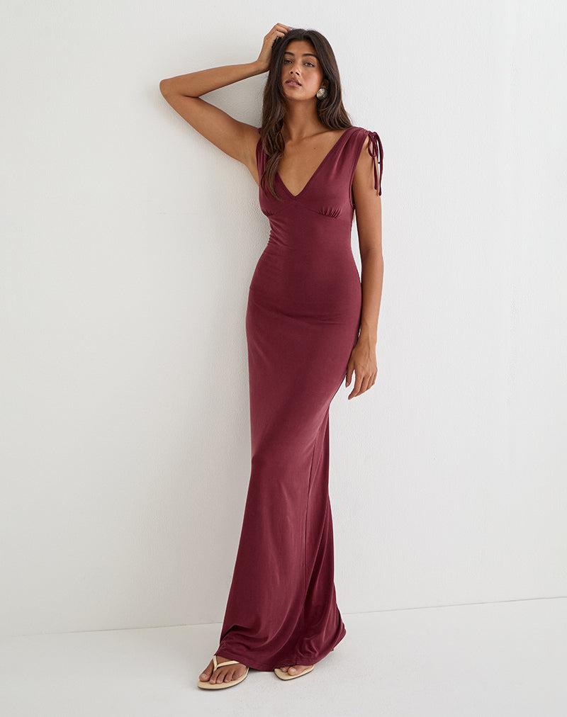 Image of Sanyu Plunge Maxi Dress in Cupro Burgundy