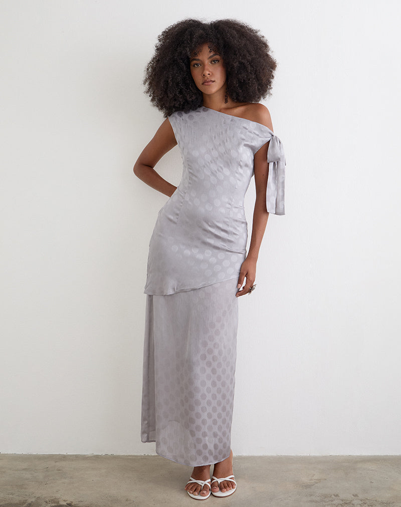 Image of Sardian Maxi Dress in Chiffon Monochrome Silver Grey Polka