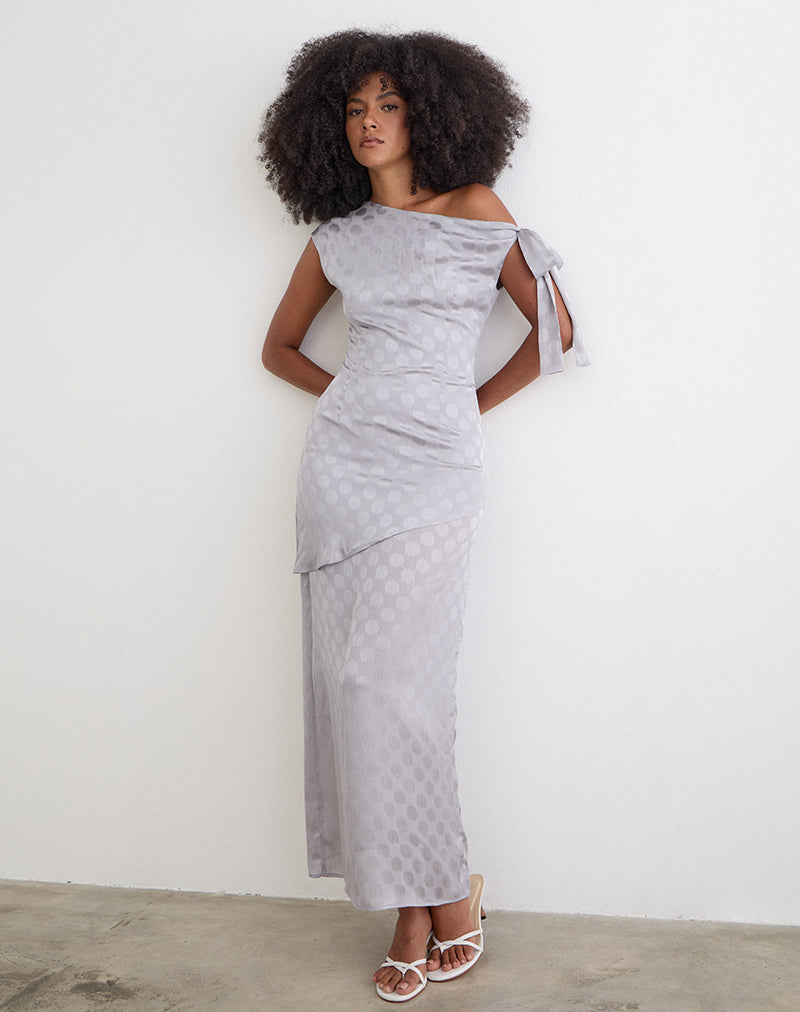 Image of Sardian Maxi Dress in Chiffon Monochrome Silver Grey Polka