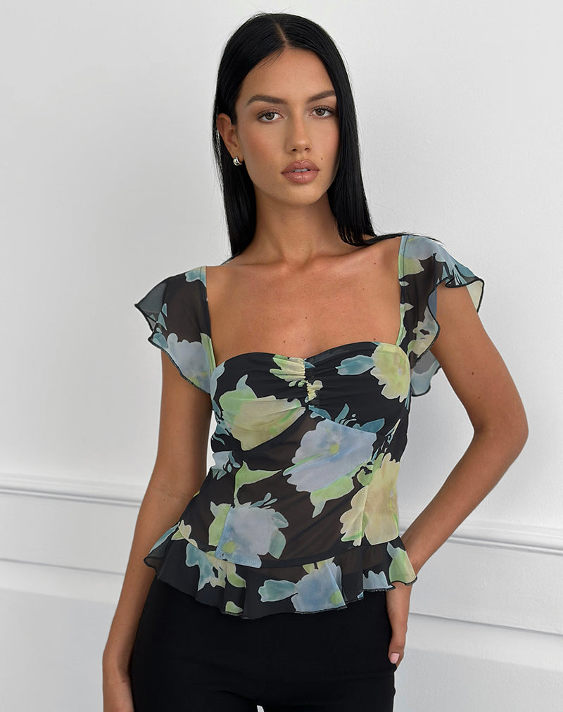Image of Selita Top in Black Chiffon with Crystal Flower Print