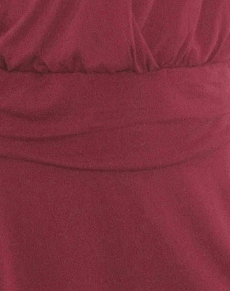 Image of Senara Cinch Waist Halterneck Mini Dress in Burgundy