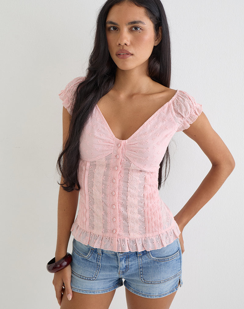 Image of Shiku Button Up Top in Broderie Pink