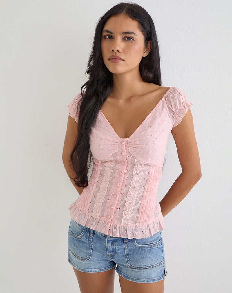 Image of Shiku Button Up Top in Broderie Pink