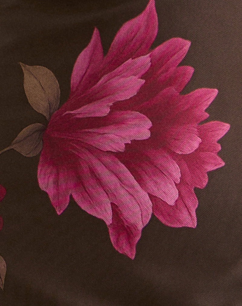 Image of Silvra Halterneck Midi Dress in Brown with Pink Flower Print