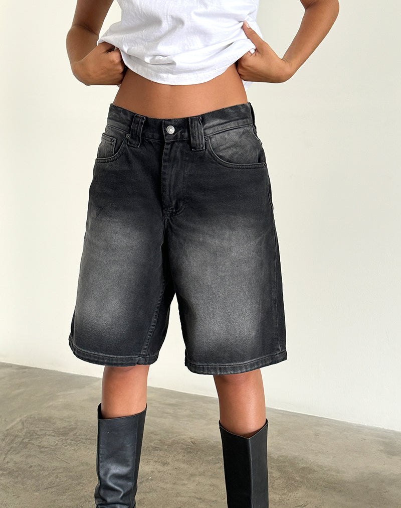 Image of Low Rise Denim Skater Short in Extreme Black