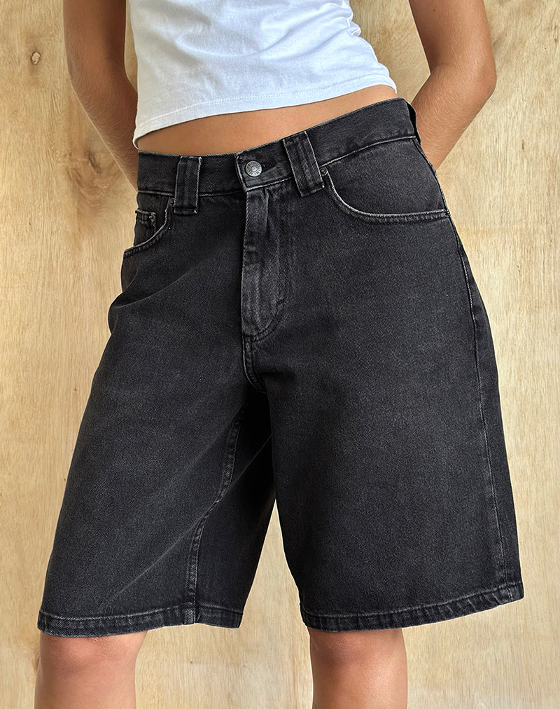 Image of Low Rise Denim Skater Short in Washed Black Grey